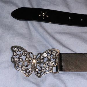 Crystal butterfly black leather belt size 13